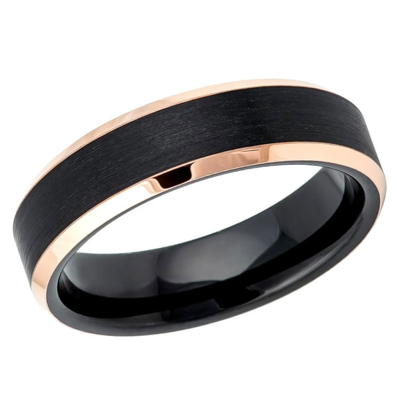 Men's Women's Tungsten Wedding Band Engagement Ring 6mm Line Brushed Black Ring Rose Gold Plated Edges, SZ 13