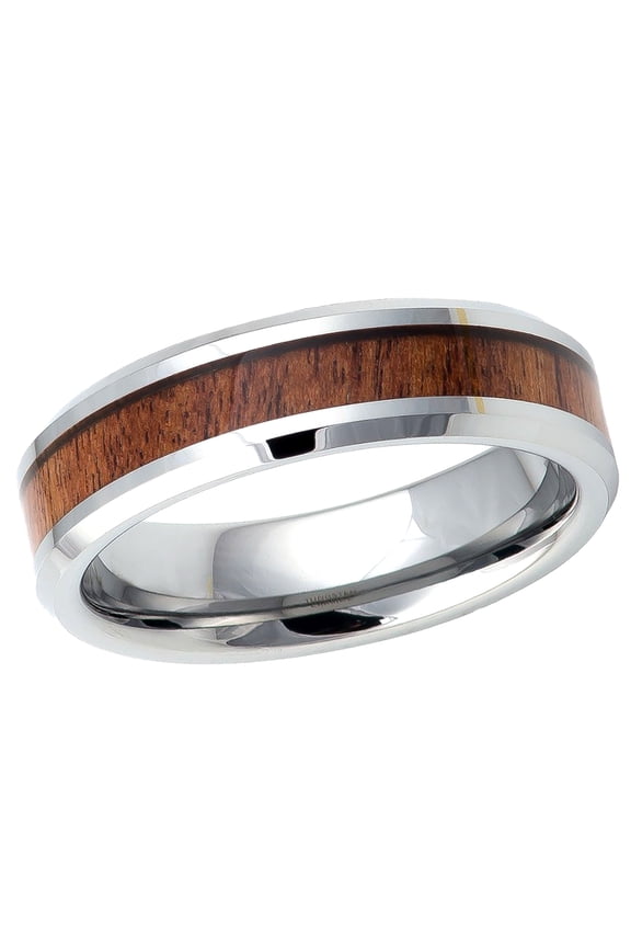 Men's Women's Tungsten Wedding Band Engagement Ring 6mm Mahogany Wood Inlay Beveled Ring, SZ 12
