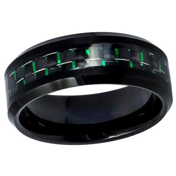 Men's Women's Tungsten Wedding Band Engagement Ring 7mm Beveled Edge Black IP Plated with Green & Black Carbon Fiber Inlay&nbsp;