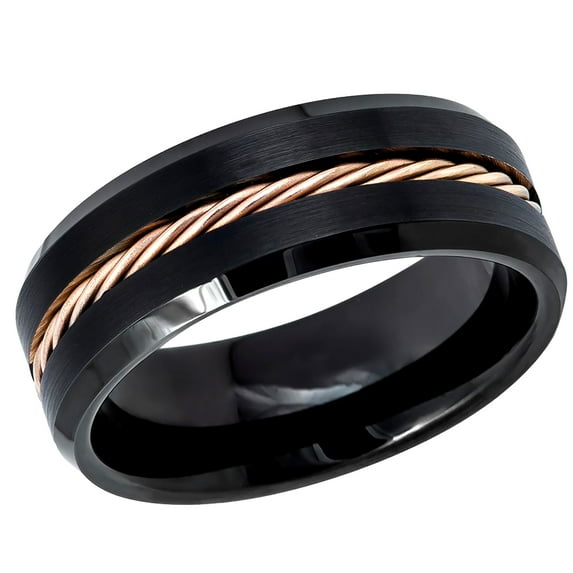 Men's Women's Tungsten Wedding Band Engagement Ring 8mm Black IP Beveled Edge with Rose Gold IP Plated Rope Inlay