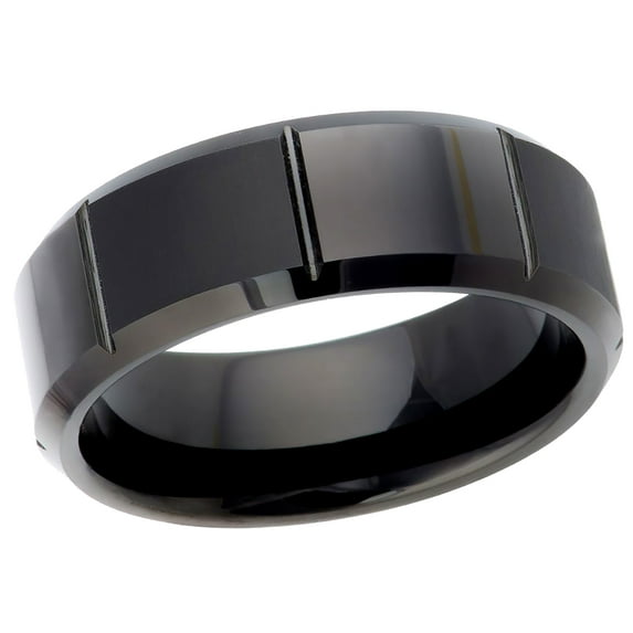Men's Women's Tungsten Wedding Band Engagement Ring 8mm Black IP Plated Alternating Matte & Shiny Blocks Beveled Edge