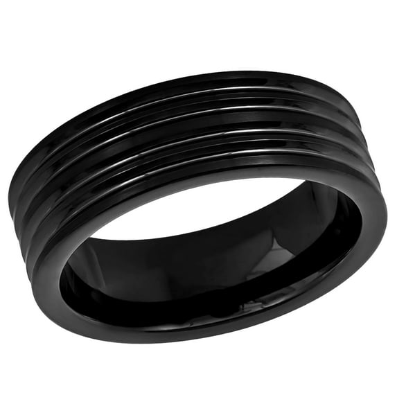 Men's Women's Tungsten Wedding Band Engagement Ring 8mm Black IP Plated with Grooved Lines