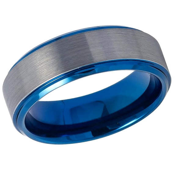 Men's Women's Tungsten Wedding Band Engagement Ring 8mm Blue IP Plated Beveled Edge Gun Metal Brushed Finish