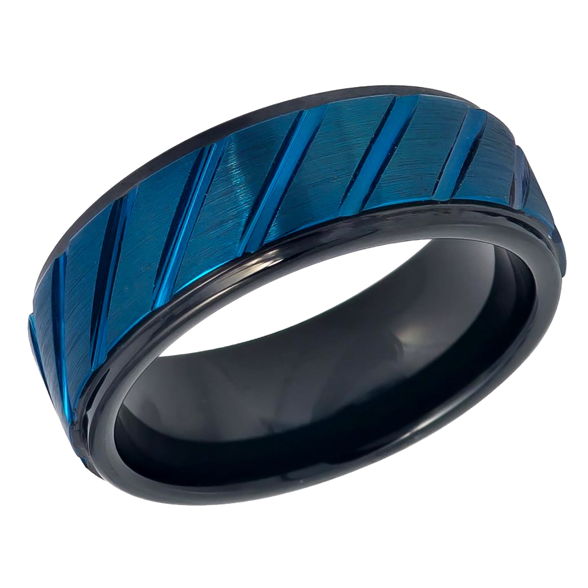 Stepped Inner Edge Men's Women's Tungsten Wedding Band Engagement Ring 8mm Blue IP Plated ...