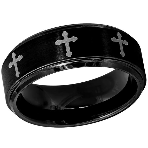 Men's Women's Tungsten Wedding Band Engagement Ring 8mm Cross Pattern Engraved Black Ring, SZ 11