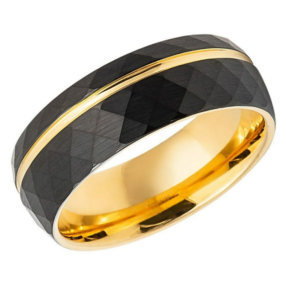 Men's Women's Tungsten Wedding Band Engagement Ring 8mm Faceted Black & Gold Plated Ring, SZ 7