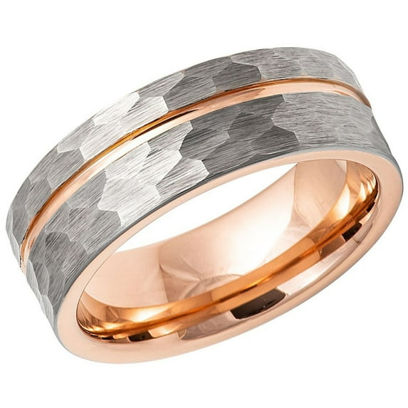 Men's Women's Tungsten Wedding Band Engagement Ring 8mm Hammered Top Rose Gold Plated Ring, SZ 14