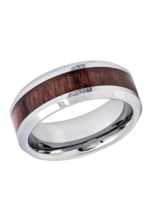 Men's Women's Tungsten Wedding Band Engagement Ring 8mm High Polished with Mahogany Wood Inlay Beveled Edge