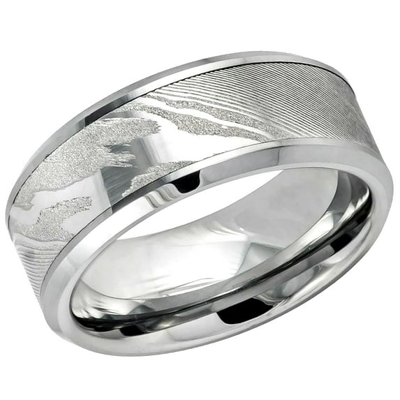 Men's Women's Tungsten Wedding Band Engagement Ring 8mm Laser Carved Wood Grain Pattern Mokume Gane Effect High Polished Low Beveled Edge