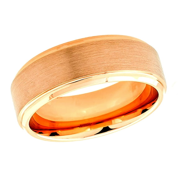 Men's Women's Tungsten Wedding Band Engagement Ring 8mm Rose Gold IP Plated Flat Brushed Center with High Polished Stepped Edge