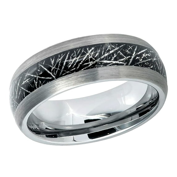 Men's Women's Tungsten Wedding Band Engagement Ring 8mm Semi-Domed Ring with Imitation Meteorite Inlay
