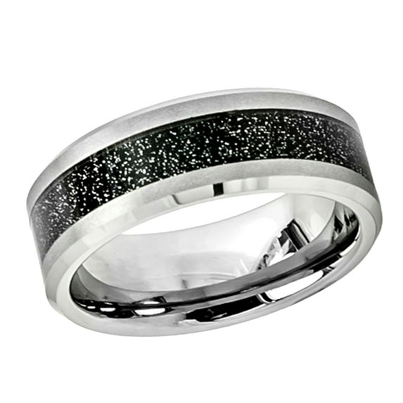 Men's Women's Tungsten Wedding Band Engagement Ring 8mm Shiny Beveled Edge with Black Sandstone Carbon Fiber Inlay