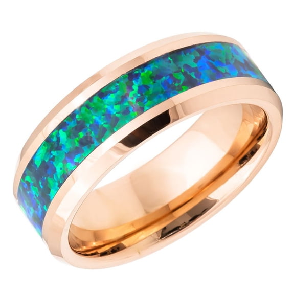 Men's Women's Tungsten Wedding Band Engagement Ring 8mm Sinthetic Green Opal Inlay Rose Gold Plated Ring, SZ 8.5