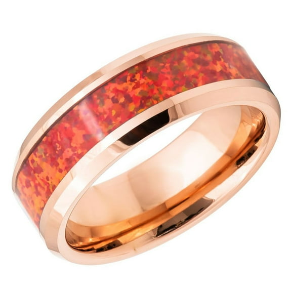 Men's Women's Tungsten Wedding Band Engagement Ring 8mm Sinthetic Red Opal Inlay Rose Gold Plated Ring, SZ 12