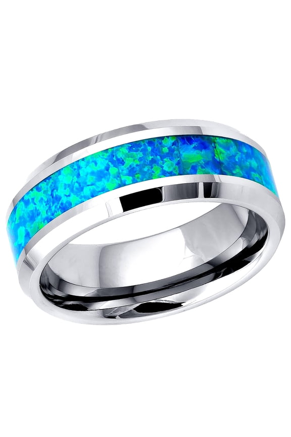 Men's Women's Tungsten Wedding Band Engagement Ring 8mm Synthetic Blue Opal Inlay Ring, SZ 10.5