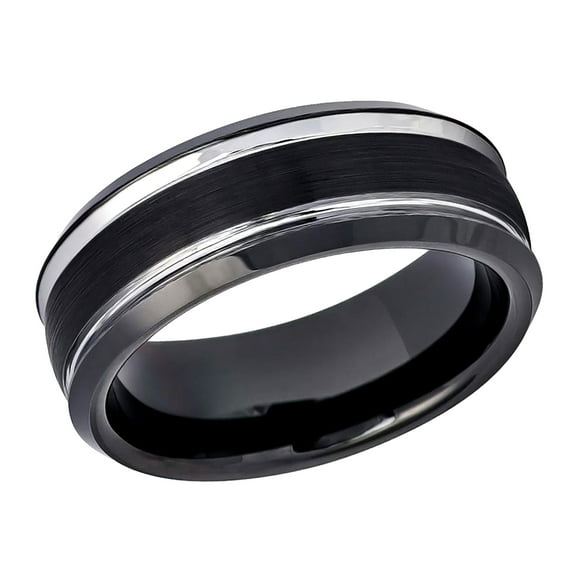 Men's Women's Tungsten Wedding Band Engagement Ring 8mm Two-tone Black IP Brushed Center Steel Color Stepped Edge