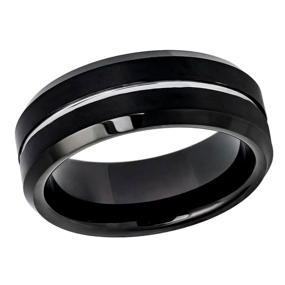 Men's Women's Tungsten Wedding Band Engagement Ring 8mm Two-tone Black IP Brushed with Steel Color Grooved Center Beveled Edge