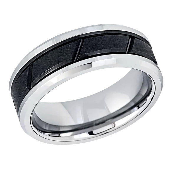 Men's Women's Tungsten Wedding Band Engagement Ring 8mm Two-tone Black IP Center with Diagonal Grooves