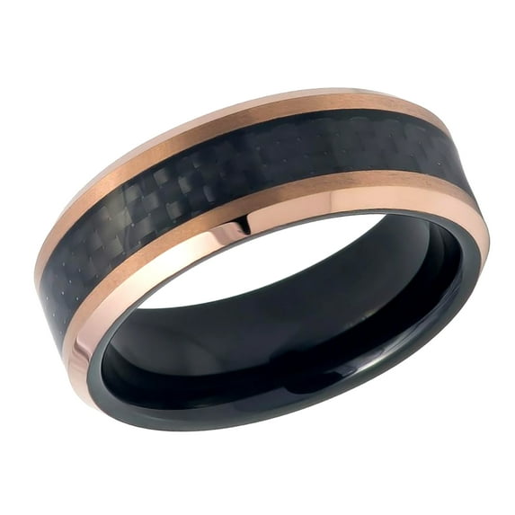 Men's Women's Tungsten Wedding Band Engagement Ring 8mm Two-tone Black IP Inside Rose Gold IP Finish, Inlayed with Black Carbon Fiber