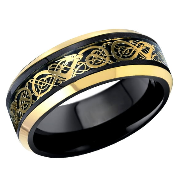 Men's Women's Tungsten Wedding Band Engagement Ring 8mm Two-tone Black & Yellow Gold IP Plated Celtic Cut-Out Design Inlay & Beveled Edge