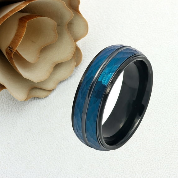 Men's Women's Tungsten Wedding Band Engagement Ring 8mm Two-tone Blue IP Black IP Plated Hammered Finish High Polished Stepped Beveled Edg
