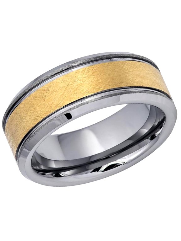 Men's Women's Tungsten Wedding Band Engagement Ring 8mm Yellow Gold IP Plated Wire Brushed Finished Center High Polished Stepped/Beveled Edge