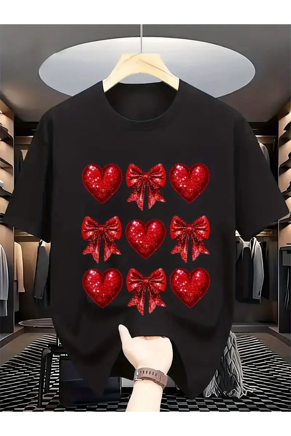 Men's & Women's Valentine's Day Bow & Heart T-Shirt - 100% Retro Valentine XOXO Print Short Sleeve Tee, S-XXXL, Unisex Casual Fit for Year-Round Wearable Love Tee