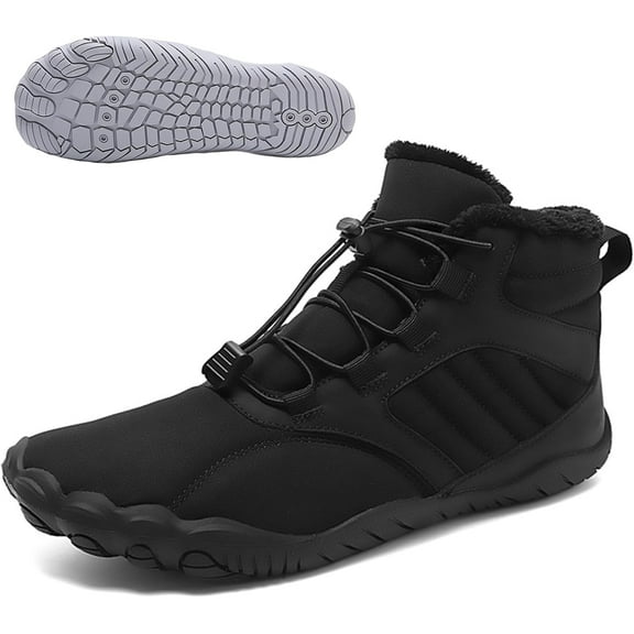 Men's Women's Warm Barefoot Snow Boots Wide Toe Slip On Non-Slip Soft Sole Zero Drop Ankle Booties with Elastic Cord Buckle Winter Outdoor Waterproof Hiking Trail Runner
