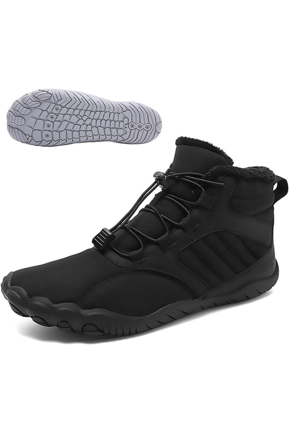 Men's Women's Warm Barefoot Snow Boots Wide Toe Slip On Non-Slip Soft Sole Zero Drop Ankle Booties with Elastic Cord Buckle Winter Outdoor Waterproof Hiking Trail Runner