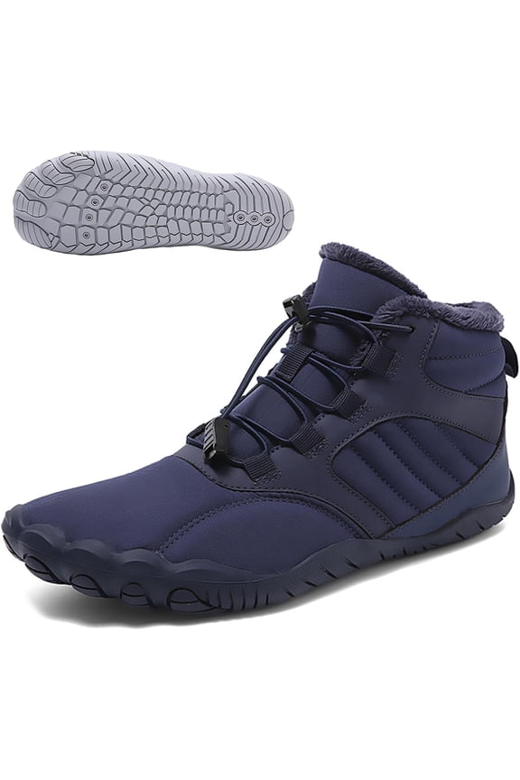 Men's Women's Warm Barefoot Snow Boots Wide Toe Slip On Non-Slip Soft Sole Zero Drop Ankle Booties with Elastic Cord Buckle Winter Outdoor Waterproof Hiking Trail Runner