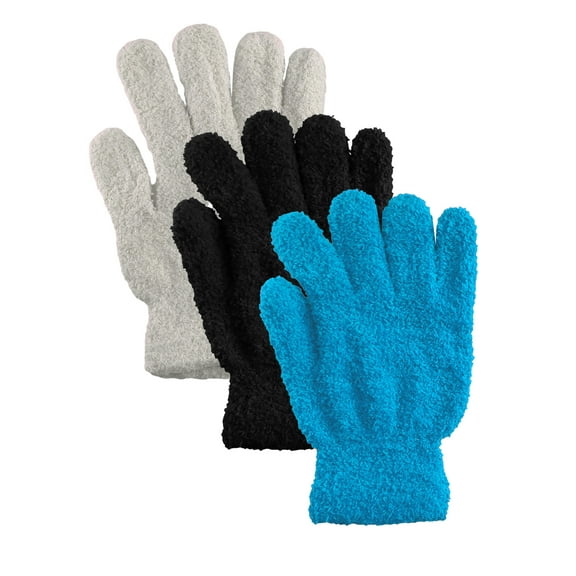 Men's Women's Warm Winter Fuzzy Cozy Gloves, 3 Pack White,Black,Light Blue