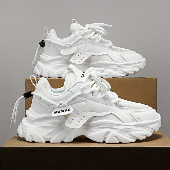 Men's/Women's White Chunky Platform Dad Sneakers, Deconstructed Style Fashion Athletic Shoes, Non-Slip Breathable Casual Walking Shoes for Daily Wear