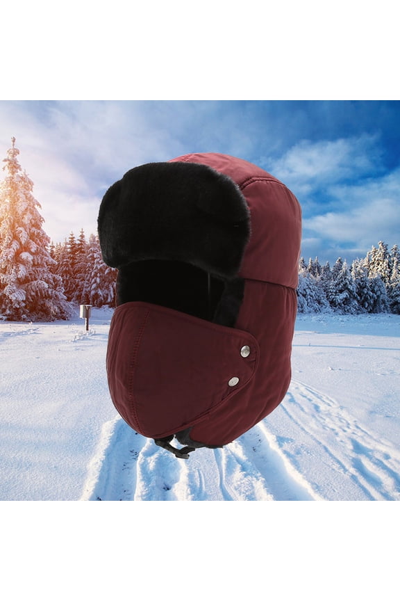 Men's and Women's Winter Hat with Face Cover, Thickened Ear Flap Cap for Cold Weather, Windproof Thermal Hat for Skiing, Snowboarding, Outdoor Activities and Hiking-Wine