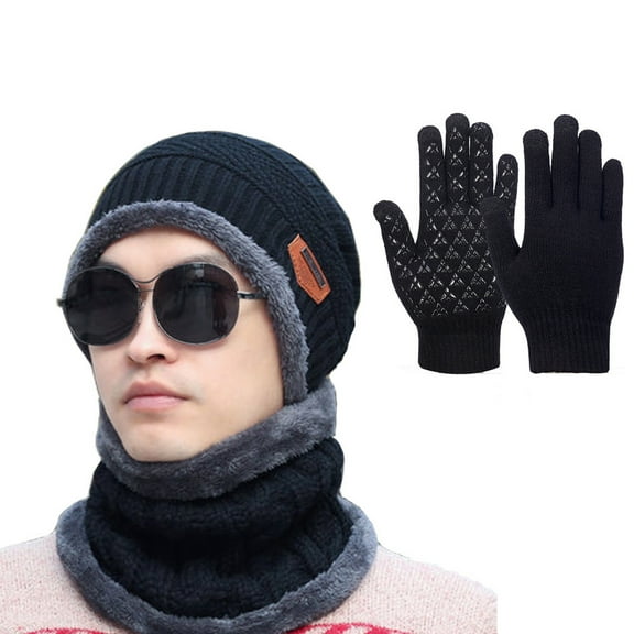 Men's and Women's Winter Knit Hat Scarf Gloves Set, Warm Ear Protection Three-Piece Set with Windproof Design, Thermal Knitted Beanie with Neck Warmer and Matching Gloves, Cold Weather Accessories