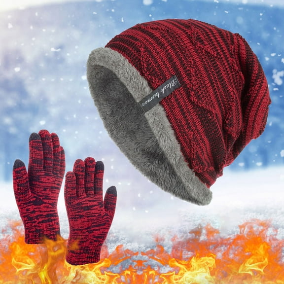 Men's & Women's Winter Knit Hat and Gloves Set, Fleece Lined Slouchy Beanie, Warm Knit Gloves, Cold Weather Accessories Set A