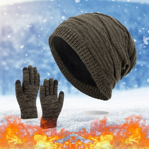 Men's & Women's Winter Knit Hat and Gloves Set, Fleece Lined Slouchy Beanie, Warm Knit Gloves, Cold Weather Accessories Set Khaki