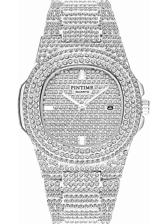 Men's/Womens Unisex Crystal Watch Full Bling Iced-Out Cuban Watch Oblong Silver/Gold Wristwatch Hip-Hop Stainless Steel Bracelet Watch