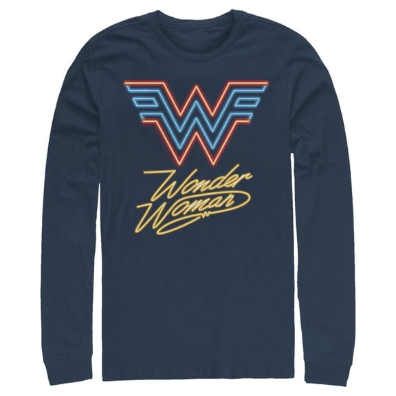 Men's Wonder Woman 1984 Neon Logo Glow  Long Sleeve Shirt Navy Blue Small
