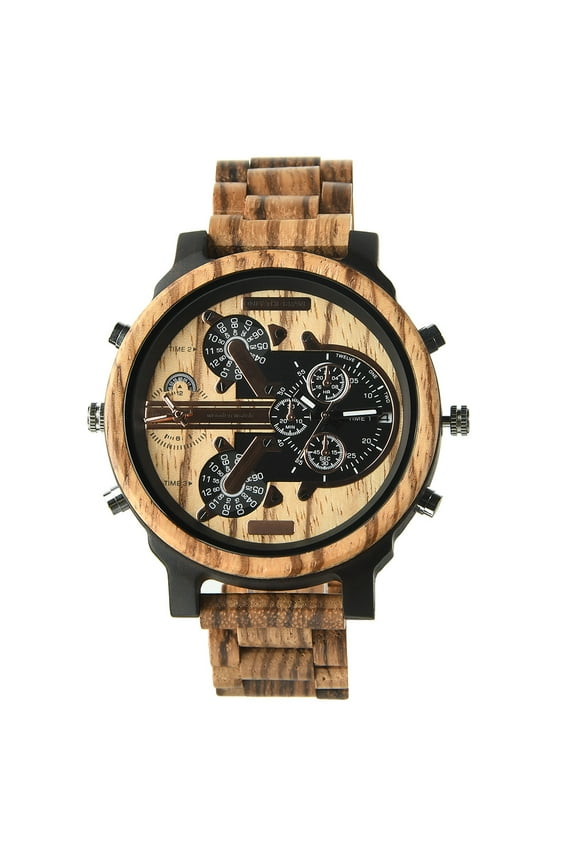 Men's Wooden Dual Time Zone Large Dial Quartz Watches Timepiece Environmentally Friendly Natural Wood Casual Wrist Watches for Man Gifts
