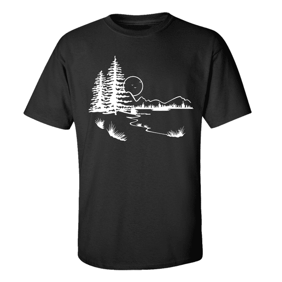 Men's Woodland Outdoors Mountain Scenic View Short Sleeve T-shirt-Black-large