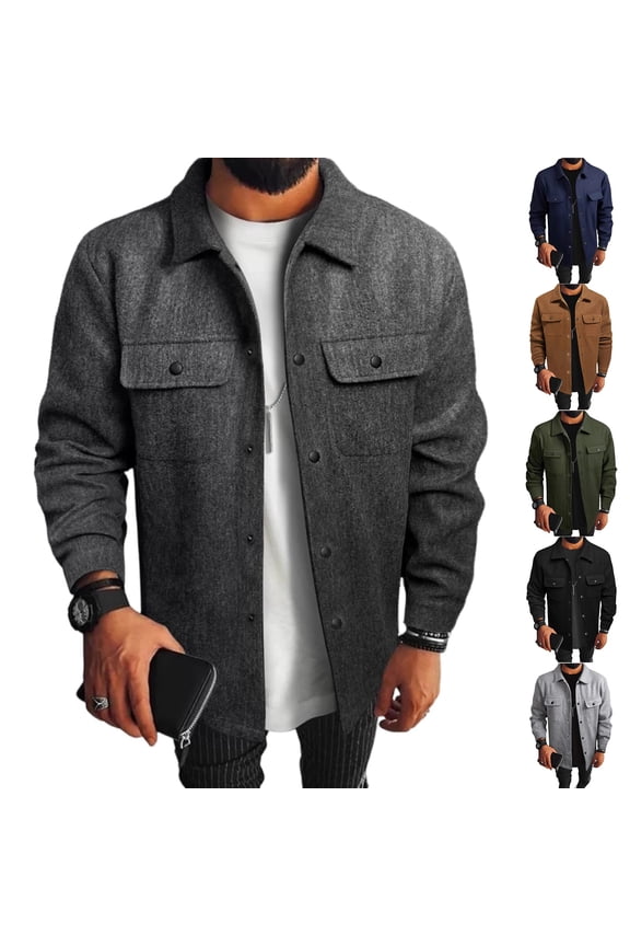 Men's Wool Blend Jacket Solid Color Lapel Button Front Flap Double Pocket Utility Coat for Fall Winter Business Christmas,Army Green,L