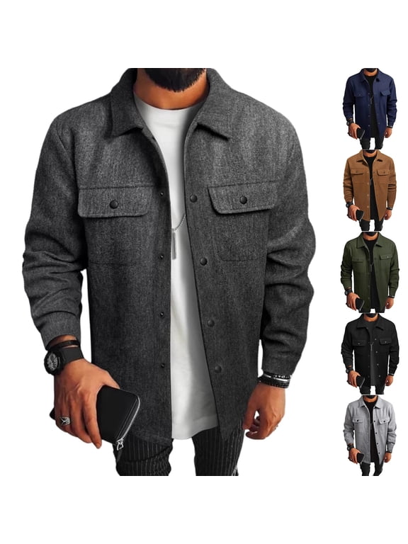 Men's Wool Blend Jacket Solid Color Lapel Button Front Flap Double Pocket Utility Coat for Fall Winter Business Christmas,Navy,XL