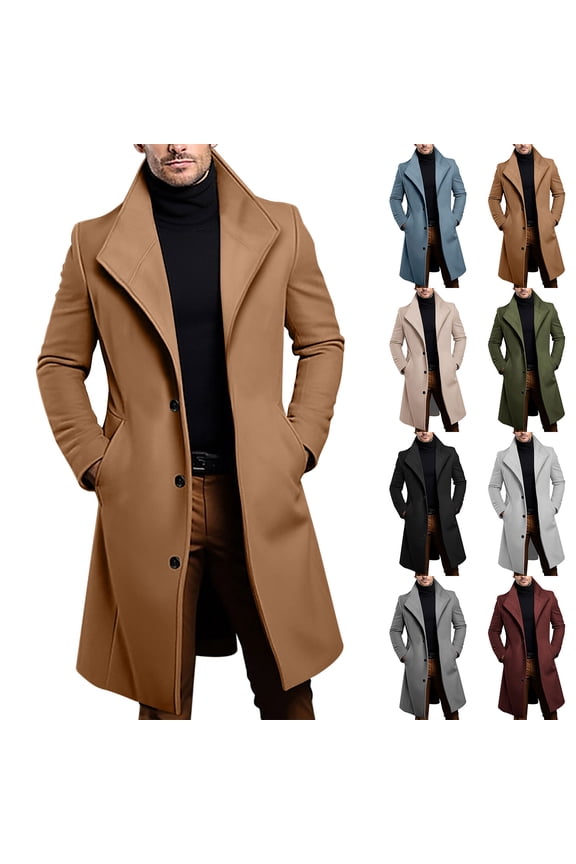 Men's Wool Blend Pea Coat Notched Collar Single Breasted Overcoat Warm Winter Trench Coat with Pockets Fall Winter Fashion Outerwear