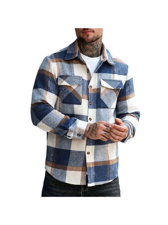 Men's Wool Blend Plaid Shacket Heavyweight Flannel Button Down Shirt Jacket Warm Outerwear Coat for Fall Winter Travel with Chest Pockets, Blue, L