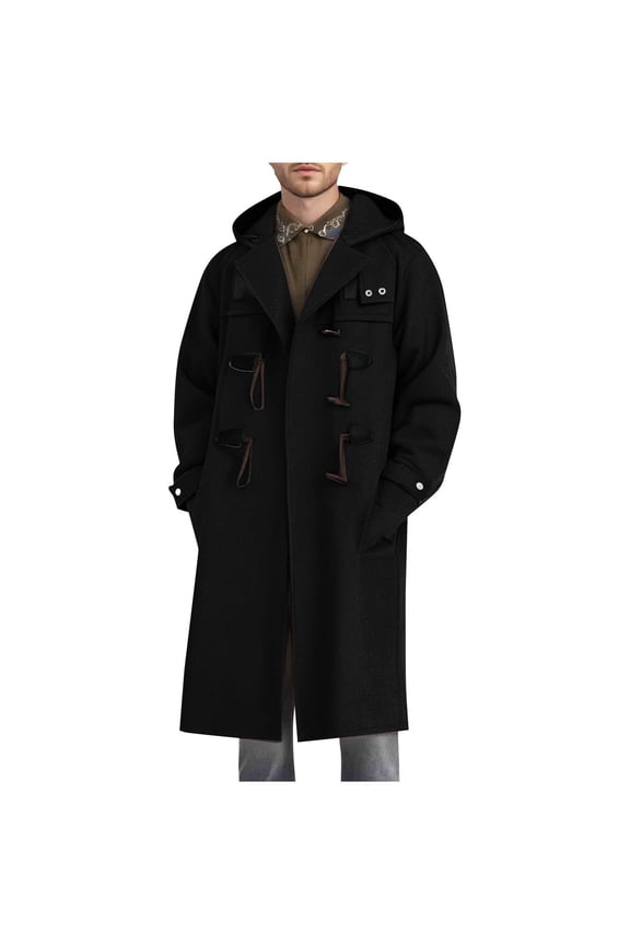 Men's Wool Blend Single Breasted Long Trench Coat, Men's Notch Lapel Long Sleeve Wool Blend Trench Coat Classic Toggle Duffle Hooded Overcoat Fashion Pea Coat with Pockets Trendy Coats