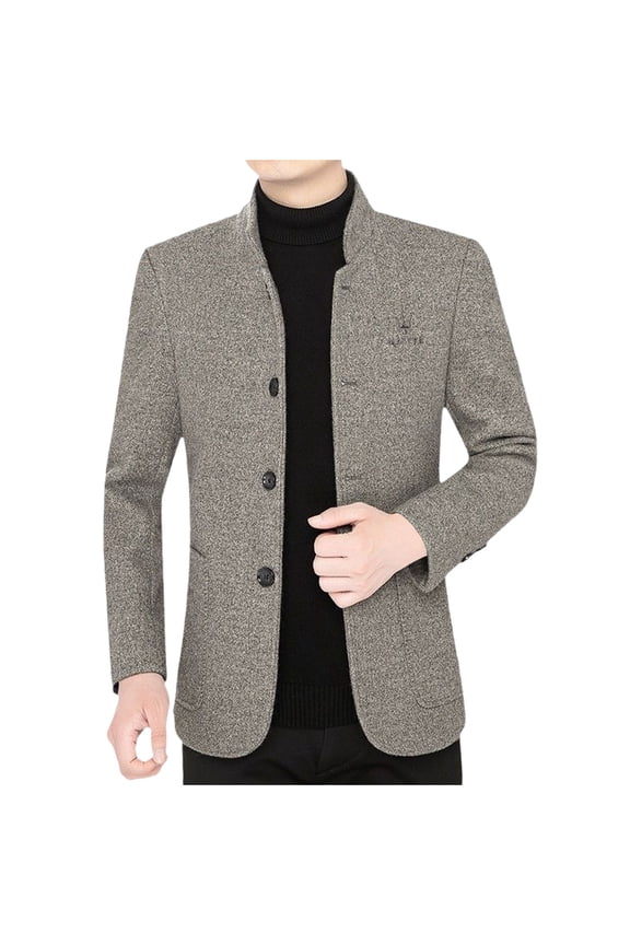 Men’s Wool Blend Single Breasted Trench Coat Stand Collar Winter Business Casual Blazer Thickened Fleece Lined Overcoat for Cold Weather