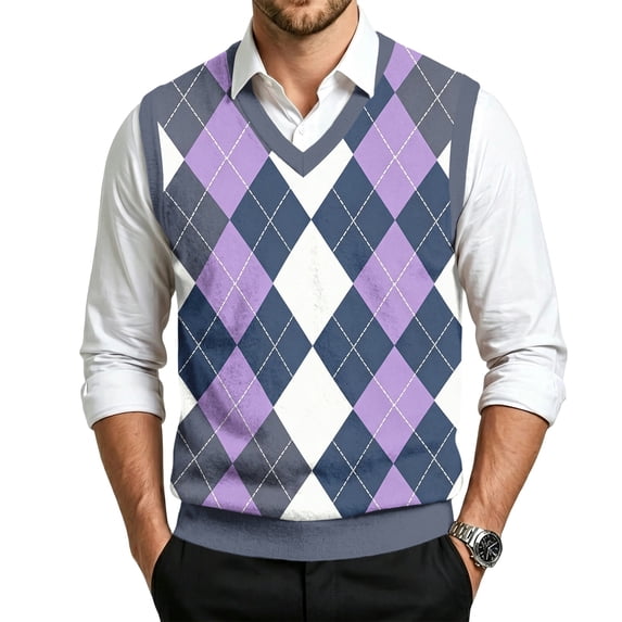 Men's Wool Blend Sweater Vest Classic V-Neck Knitwear Sleeveless Pullover Argyle Knit Lightweight Casual Fall Sweat Vest