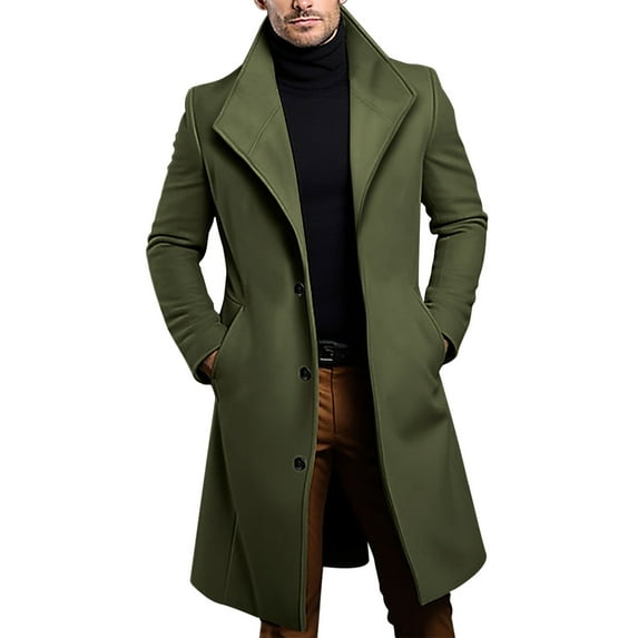 Men's Wool Blend Trench Coat Notched Collar Lapel Slim Fit Long Jacket Single Breasted Casual Solid Color Overcoat with Pocket