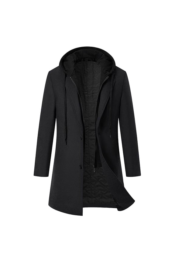Men's Wool Blend Trench Coat with Detachable Hooded Jacket Winter Fashion Casua Loose Hip Length Thickening Button Down Overcoat