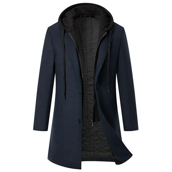 Men's Wool Blend Trench Coat with Detachable Hooded Jacket Winter Fashion Casua Loose Hip Length Thickening Button Down Overcoat
